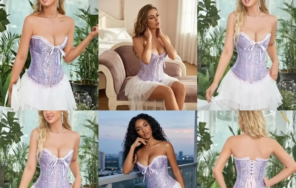 Lavender floral jacquard boned overbust corset top with lace-up back, ruffle trim and bow