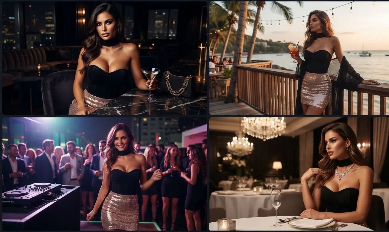 Woman wearing the KATECLO black ribbed choker neck tube top with a sequin mini skirt for a party