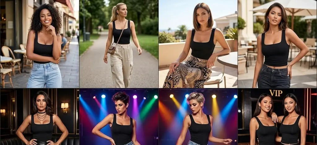 Woman wearing the KATECLO black double layered square neck tank top with a denim mini skirt