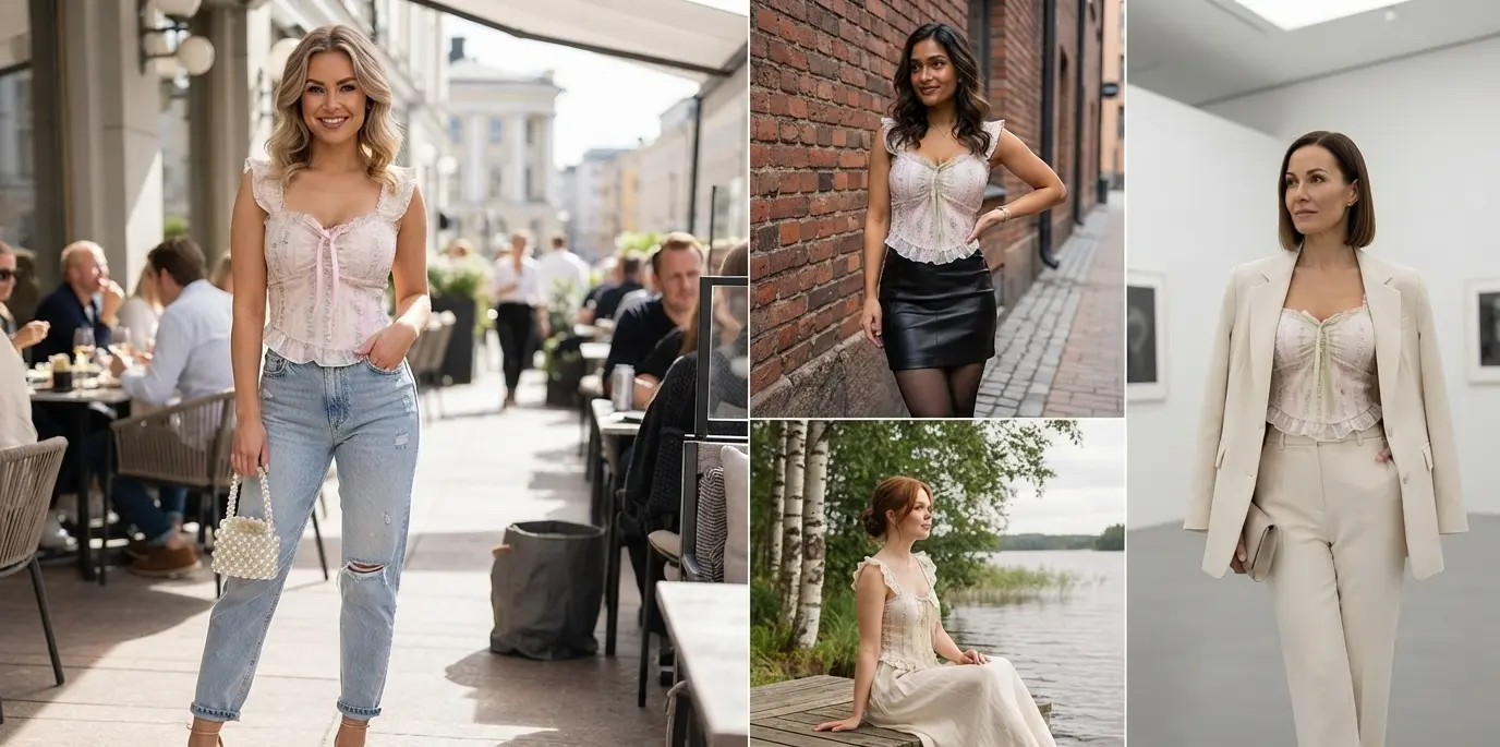 pink floral lace corset crop top with ruffle sleeves styled with light blue jeans