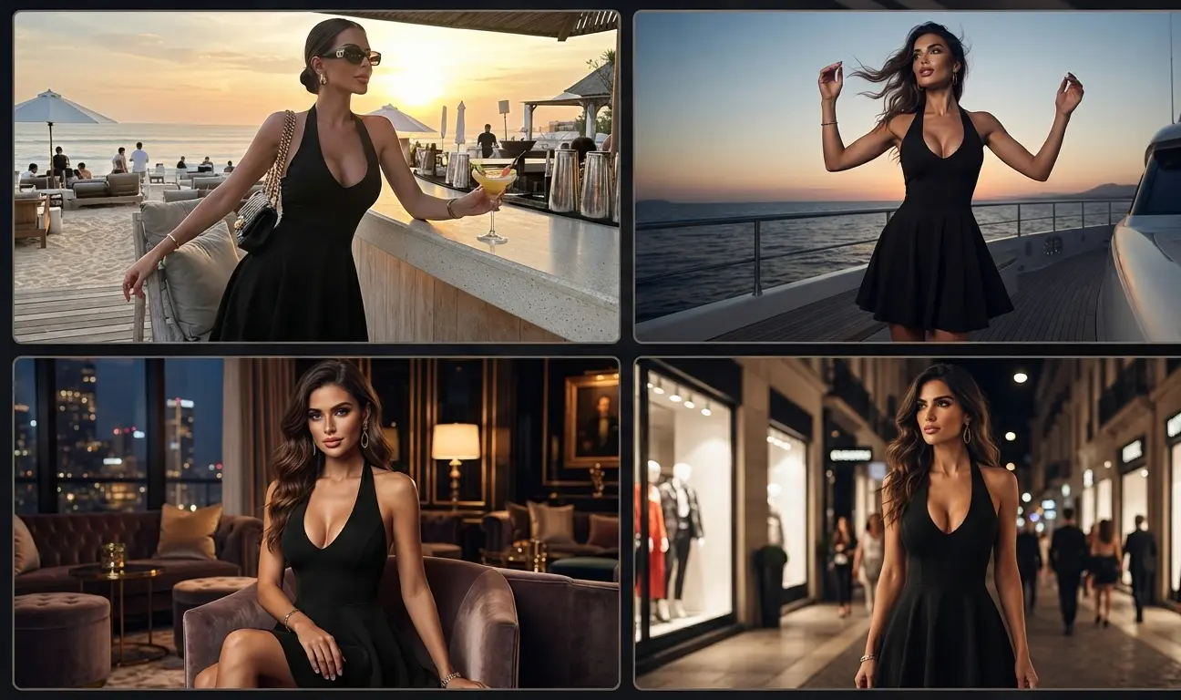 Woman wearing the TIVANTE black V halter neck fit and flare mini dress with a backless design