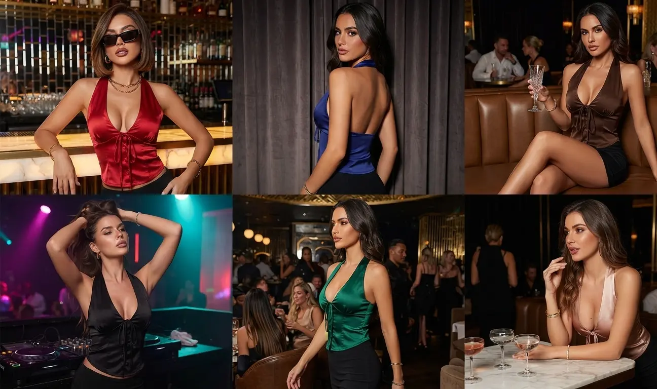 Woman wearing the KATECLO brown halter vest top with tie front V neck and button detail, styled with a black mini skirt