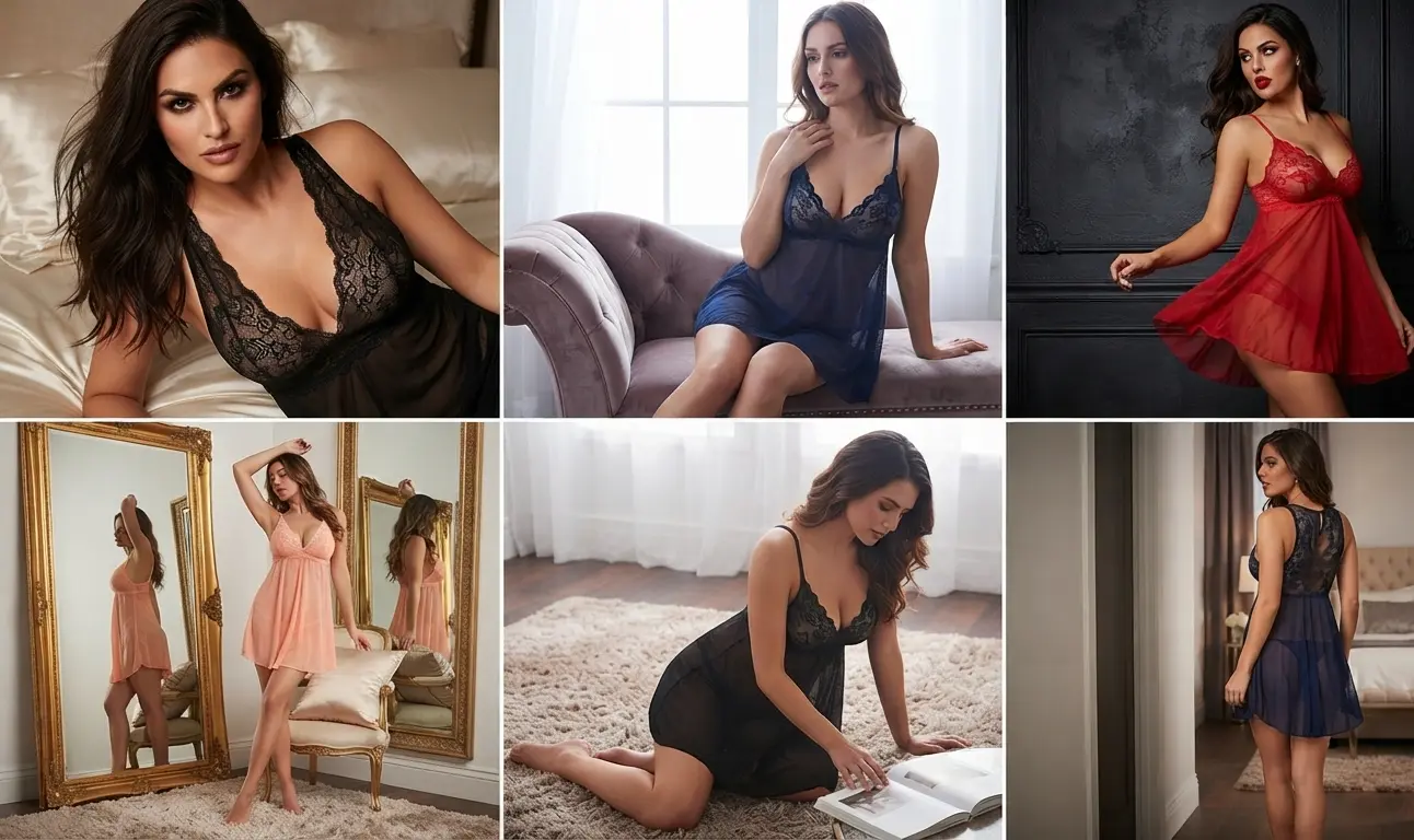 Black lace babydoll nightie with floral lace bust, sheer mesh skirt and lace hem