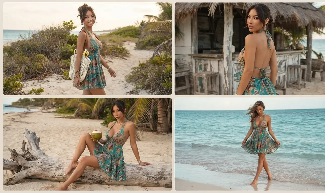 Woman wearing the KATECLO turquoise paisley print halter backless A-line mini sundress for a beach vacation