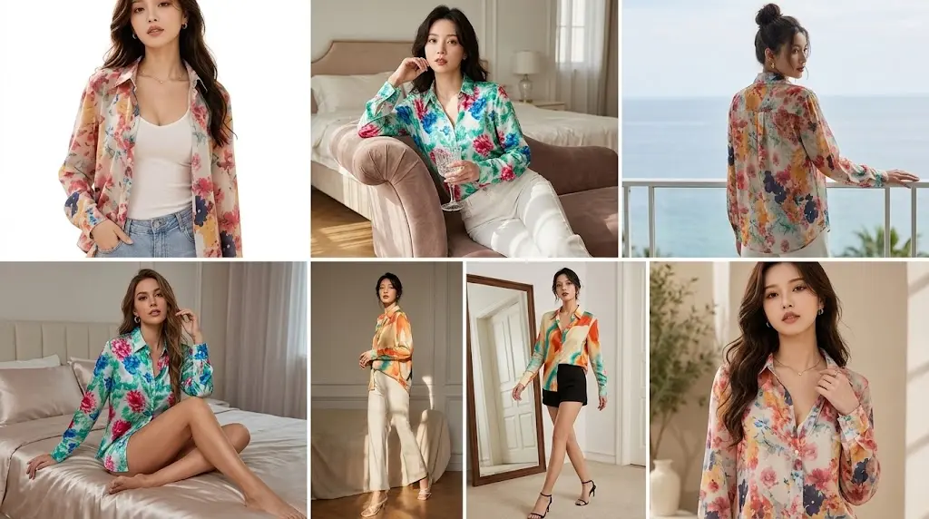 Abstract print satin shirt for women in pink and blue tones with collar and full sleeves worn open over a white tank
