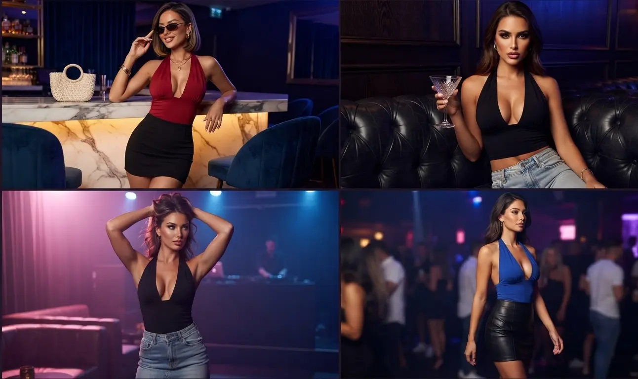 Woman wearing the KATECLO red halter neck deep V backless crop top with a denim mini skirt