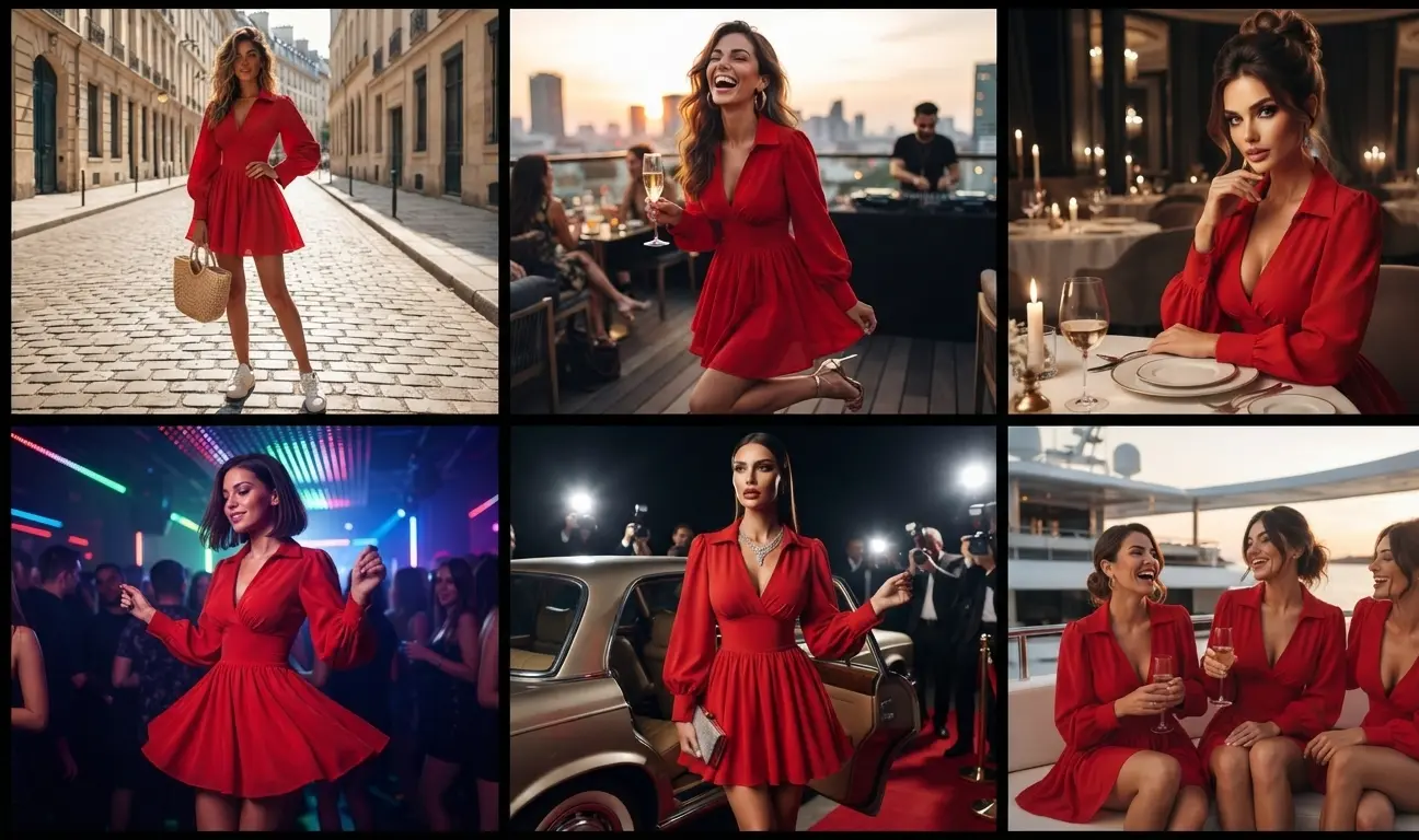 Woman wearing the Aurovik Ruby red wrap mini dress with V-neck collar, puff sleeves and fit and flare skirt