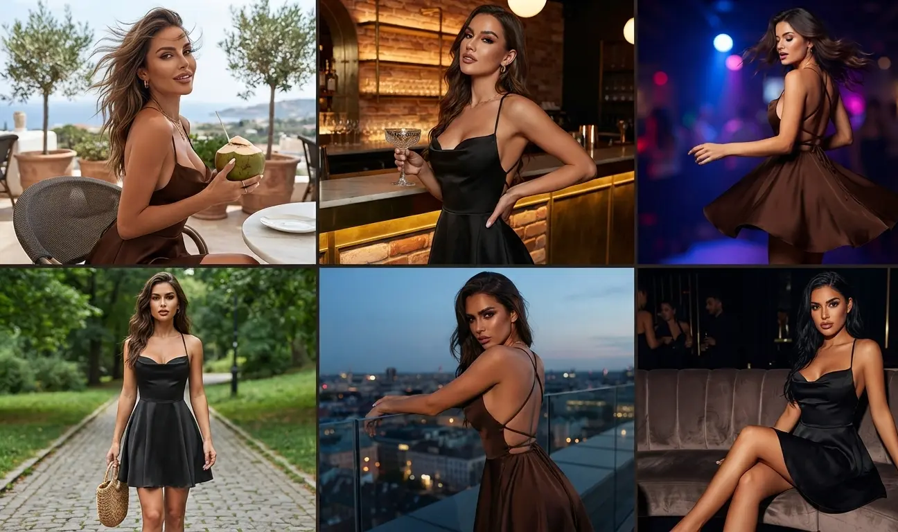 Woman wearing the Aahwan brown satin cowl neck backless mini dress with spaghetti straps and a flared skirt
