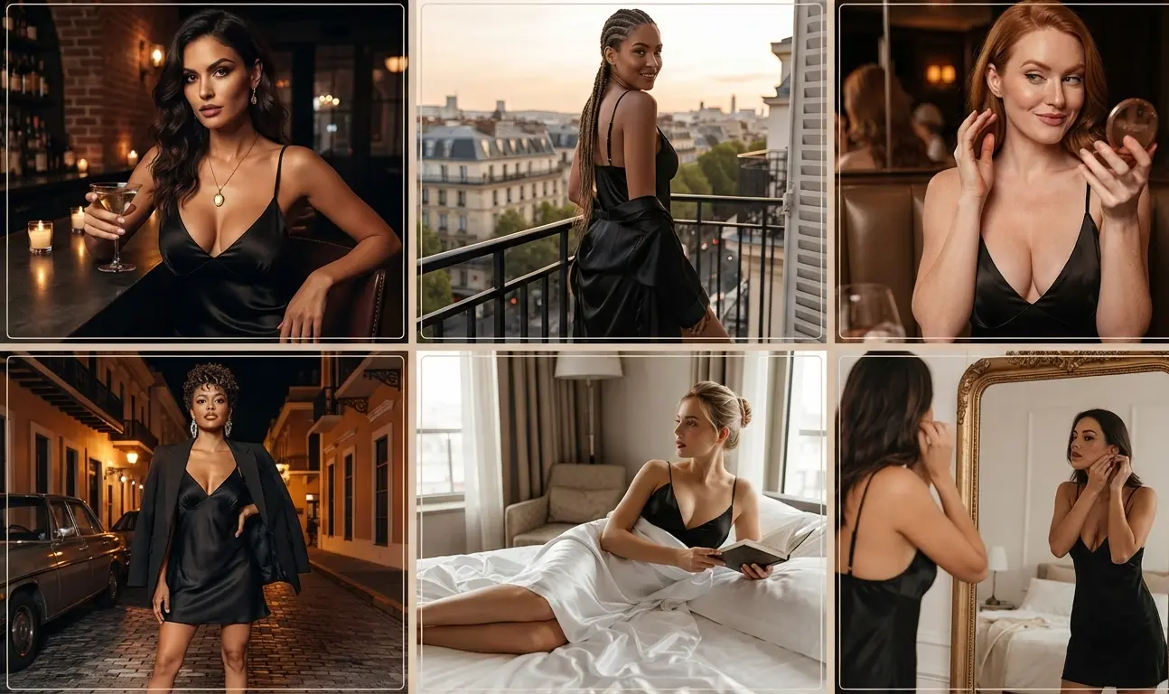 Black satin night dress with V-neck and adjustable straps, an above-knee slip nightie for women