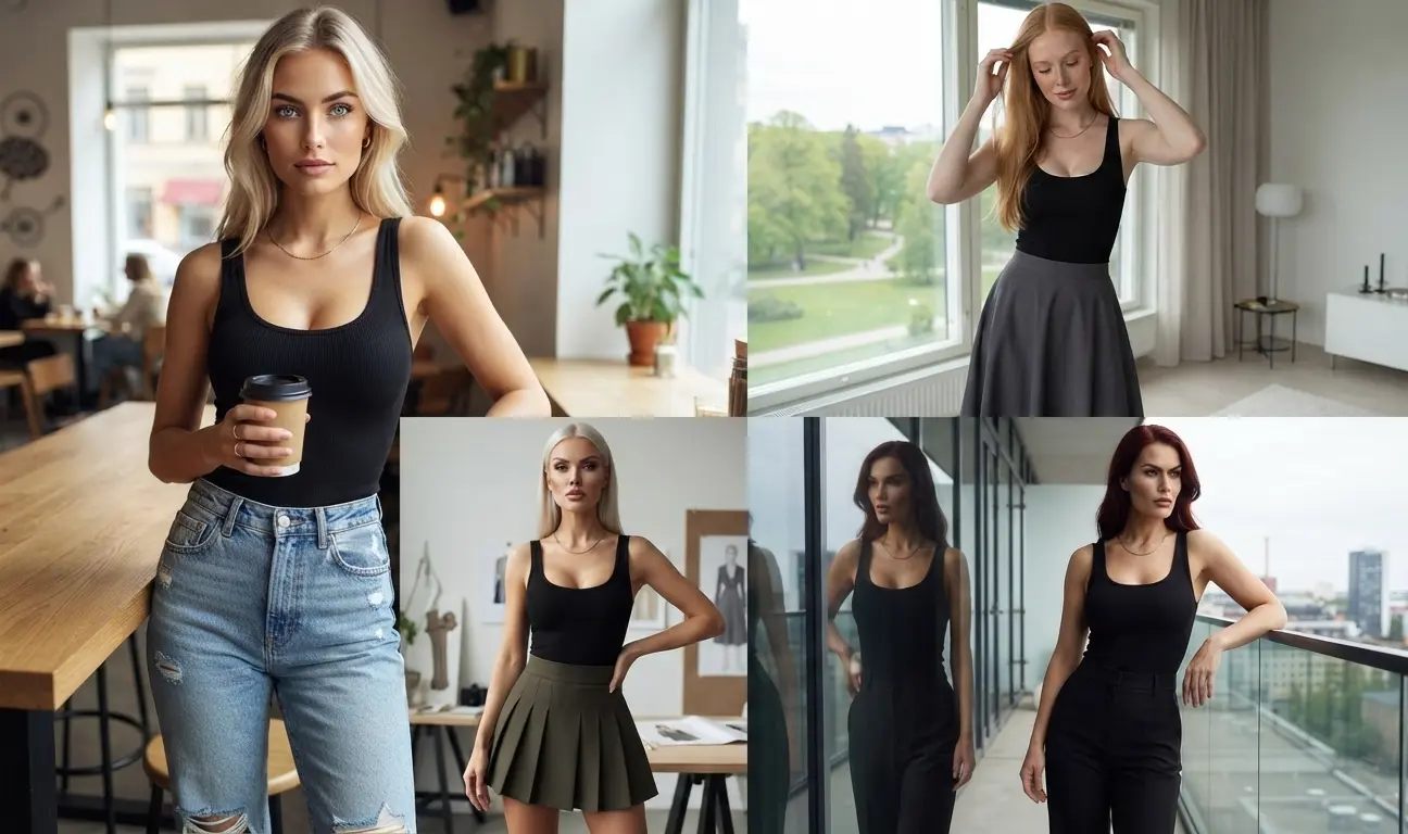 black scoop neck crop top styled with high-waist blue jeans