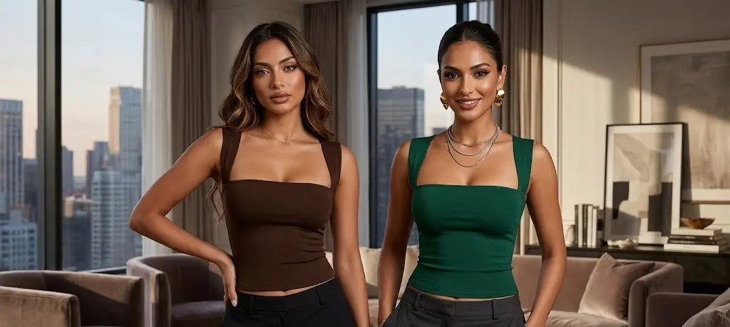 brown square neck sleeveless top with wide straps styled with black high-waist trousers