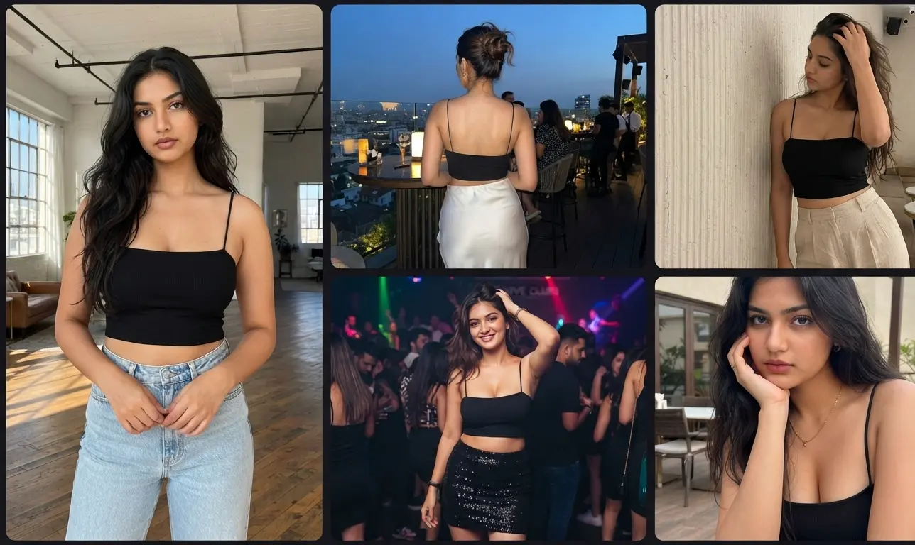 Woman wearing the Aurovik black stretchable Lycra square neck cami crop top with white jeans