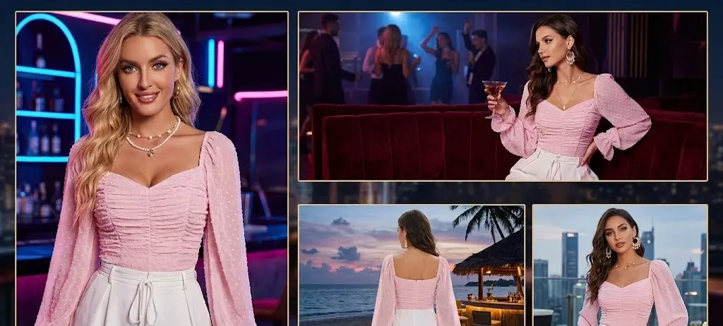 Woman wearing the MIZAGO pastel pink Swiss dot sweetheart neck crop top with long flare sleeves and white shorts