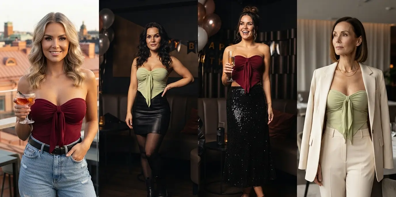Woman wearing the ROSSALIP maroon strapless tie front tube top with a sweetheart neckline and high-waist blue jeans
