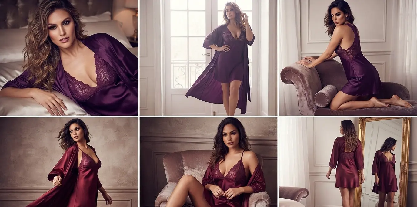 Wine satin wedding nighty for women with lace V-neck and hem, shown with short-sleeve satin robe
