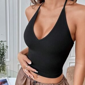 KATECLO black ribbed halter crop top front view