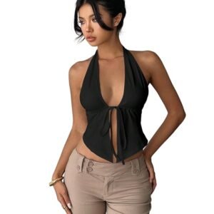 KATECLO black tie-up halter crop top for women