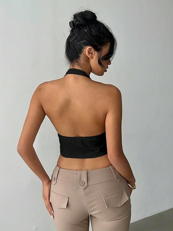 KATECLO black tie-up halter crop top back view