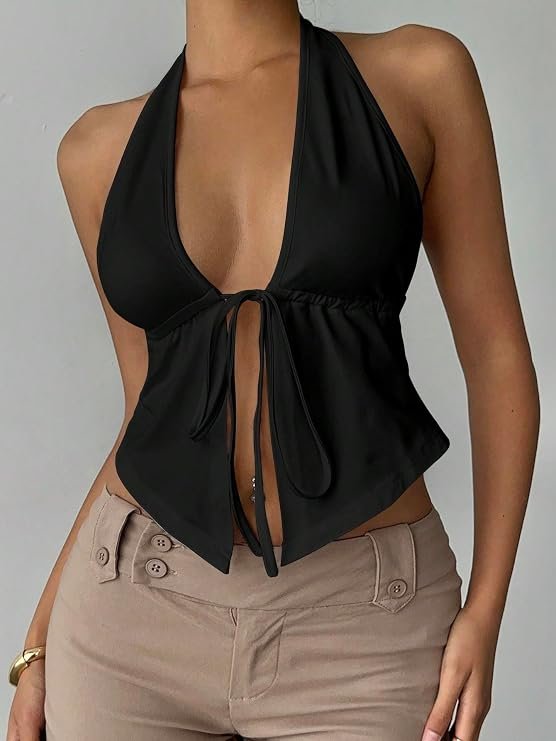 KATECLO black deep V halter crop top front view