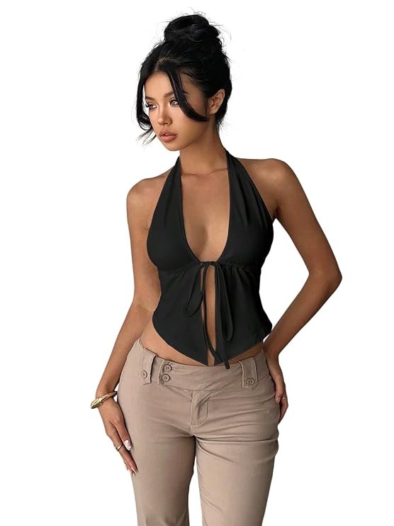KATECLO black tie-up halter crop top for women