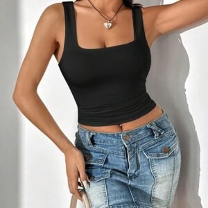 Woman wearing the KATECLO black square neck tank top with wide straps, styled with a denim mini skirt