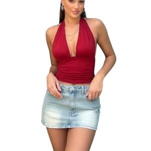 KATECLO red halter neck deep V crop top for women