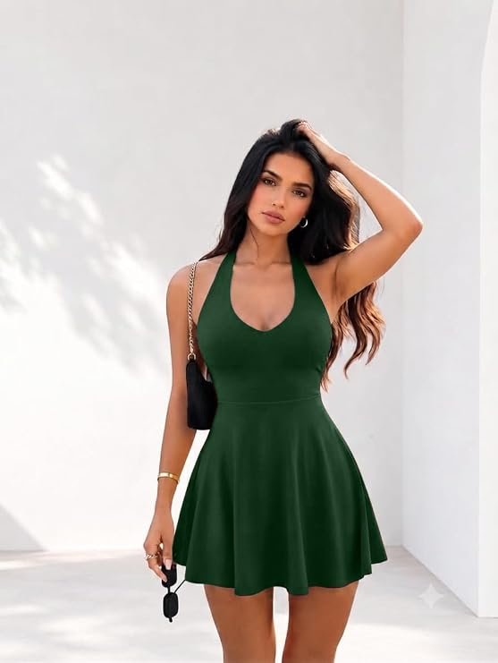 TIVANTE green Korean style V-neck backless mini dress