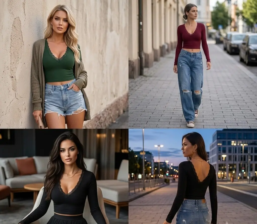 Lace Trim V Neck Crop Top – Full Sleeve Ribbed Winter Top