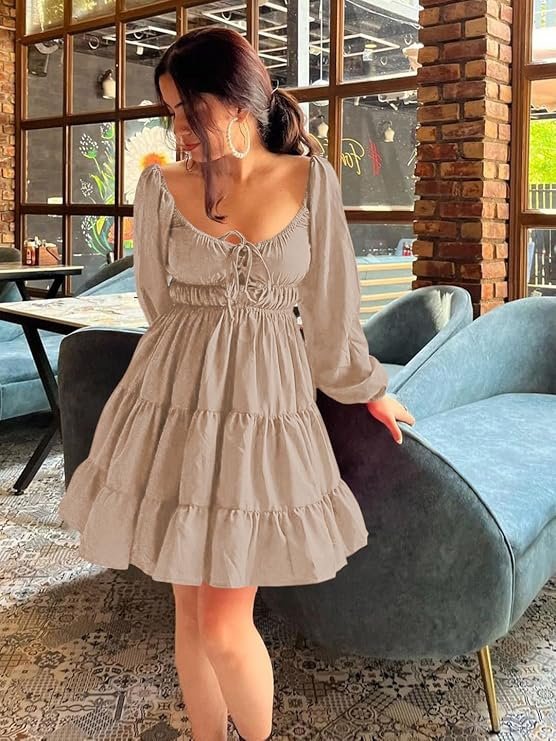 Leriya Fashion beige fit and flare mini dress front view