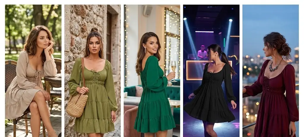Long Sleeve Tiered Mini Dress – Sweetheart Neck Rayon One Piece Dress for Women
