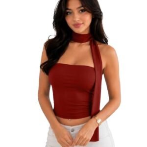 maroon strapless tube crop top with scarf around the neck