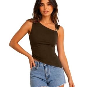 brown one shoulder crop top with gold buckle styled with denim shorts