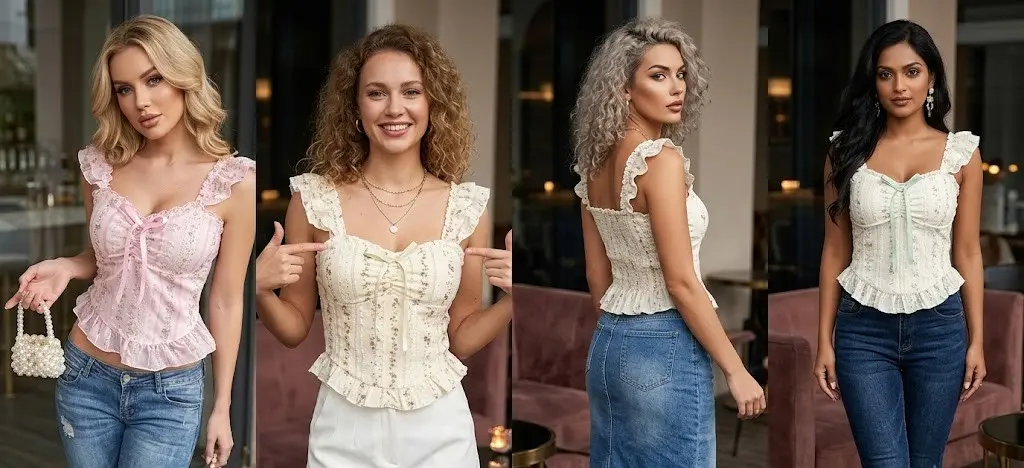 Pink Floral Lace Corset Crop Top – Sweetheart Neck Bustier with Ruffle Sleeves