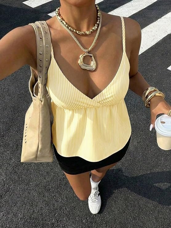 KATECLO blue and white pinstripe V-neck peplum cami top