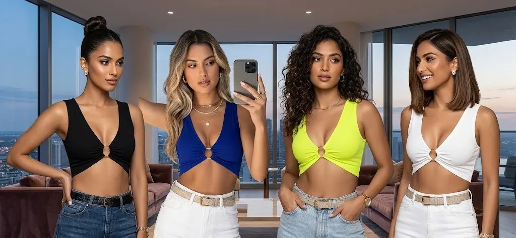 black deep V ring crop top styled with high-waist jeans and a chain necklace