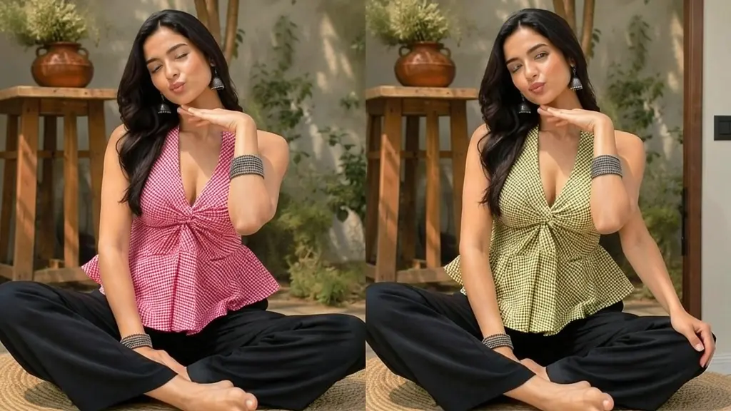 SACS Gingham Halter Peplum Top – Cotton Check Sleeveless V-Neck