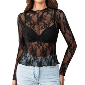 SANNIDHI black sheer lace long sleeve top for women