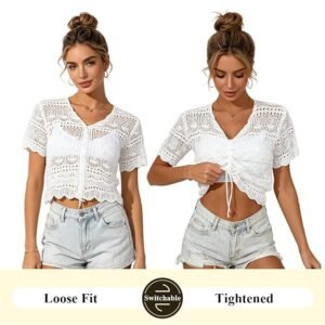 SANNIDHI white V-neck crochet knit top for women with drawstring front