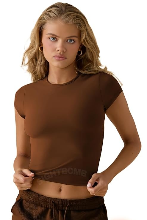 SIGHTBOMB Cuddle Tee brown short sleeve fitted top for women
