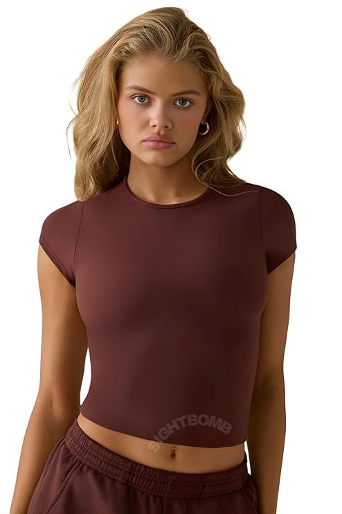 SIGHTBOMB Cuddle Tee brown fitted short sleeve top for women