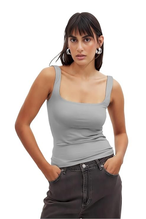 SIGHTBOMB SOFTLINE grey square neck fitted tank top for women
