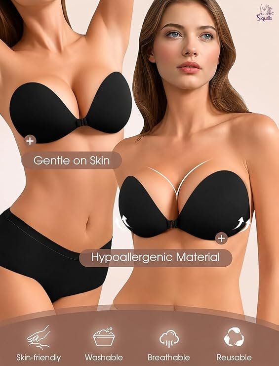 SIQULIX black deep V stick-on bra for backless dresses