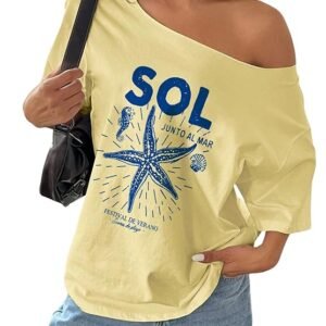 SXV Style yellow off-shoulder graphic T-shirt for women