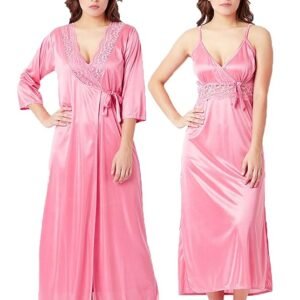 Satin Nighty with Robe for Women – Pink Maxi V-Neck Front View