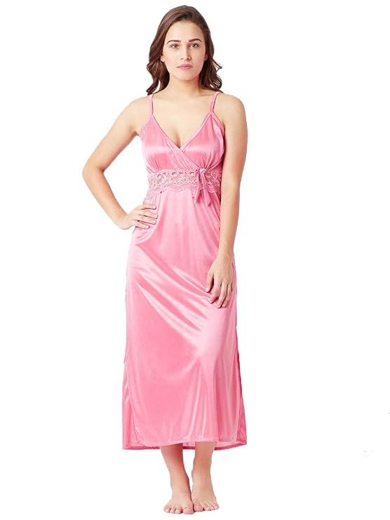 Satin Nighty with Robe – Pink V-Neck Maxi Nightdress Back View