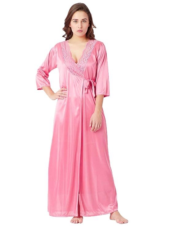 Satin Nighty with Robe for Women – Pink Satin Robe Front View