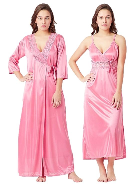 Satin Nighty with Robe for Women – Pink Maxi V-Neck Front View