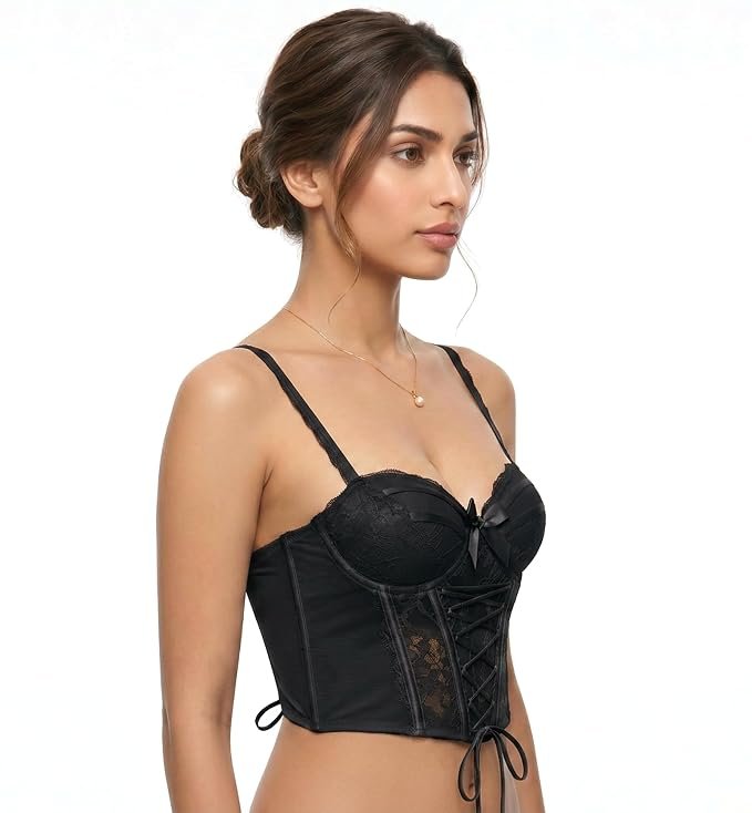 Khwaish black lace-up lingerie corset with adjustable shoulder straps