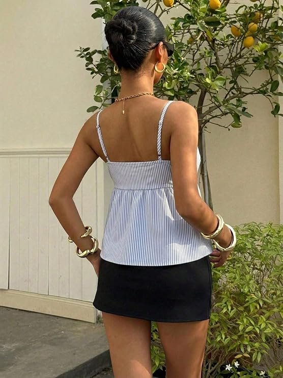 KATECLO blue and white striped peplum cami top back view
