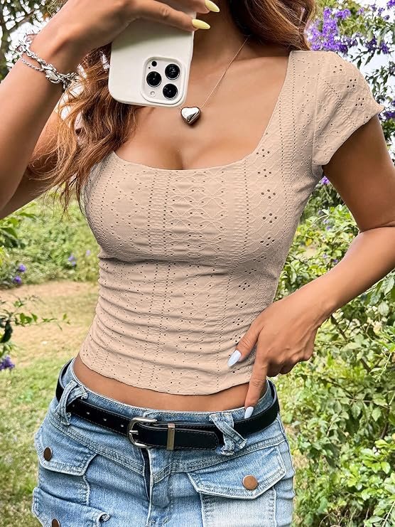 Sugathari beige short-sleeve eyelet embroidered crop top